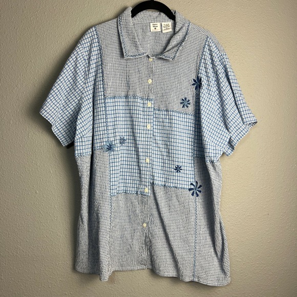 Quizz Woman Gingham Pucker Gauze Textured Button Up Short SL Top‎ Blue Size 22 - Picture 1 of 10